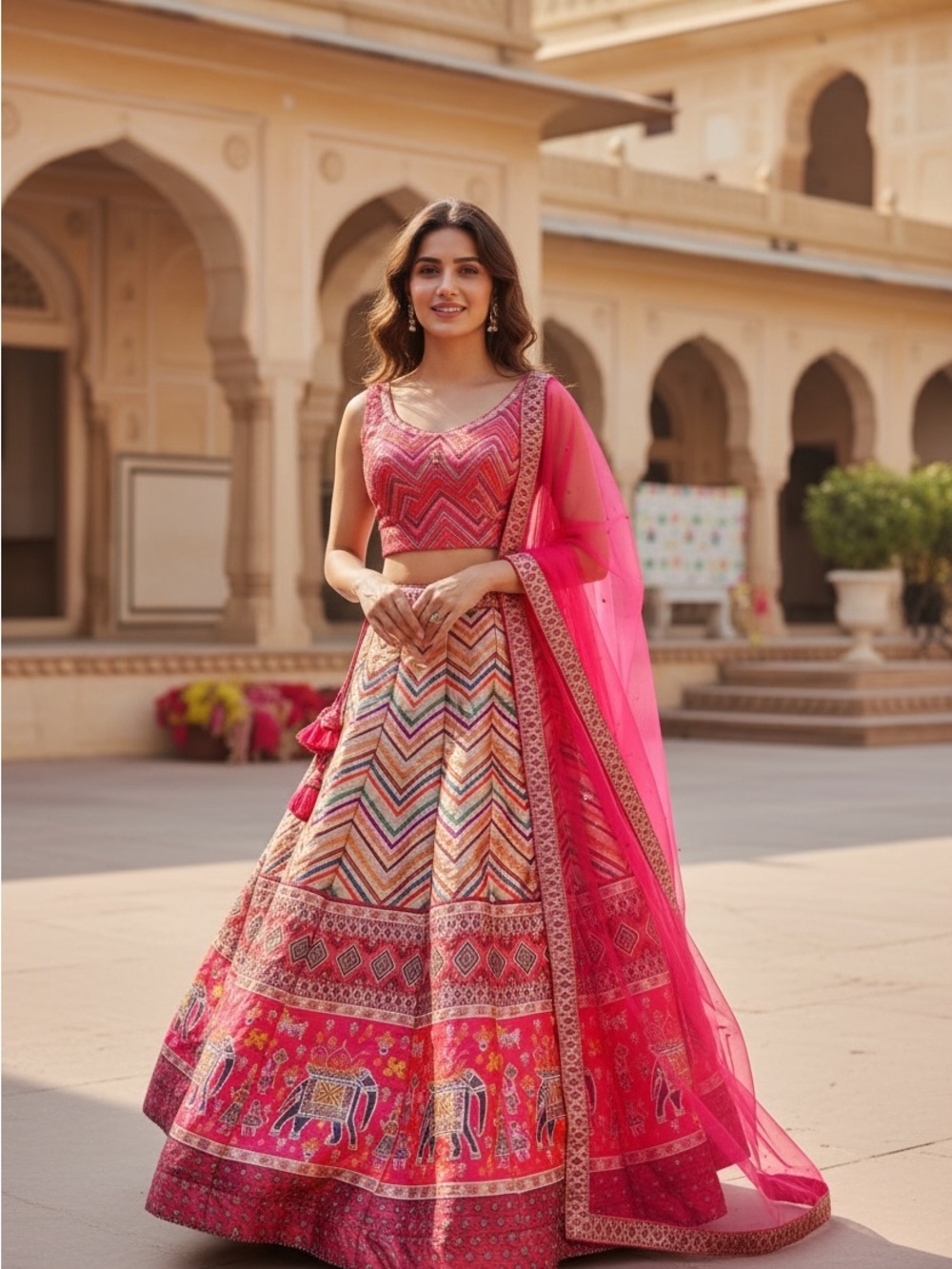 Pink Multi-Pattern Lehenga Set with Printed Border